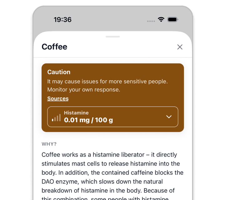 Histamin.io food detail with a suitability rating and explanation