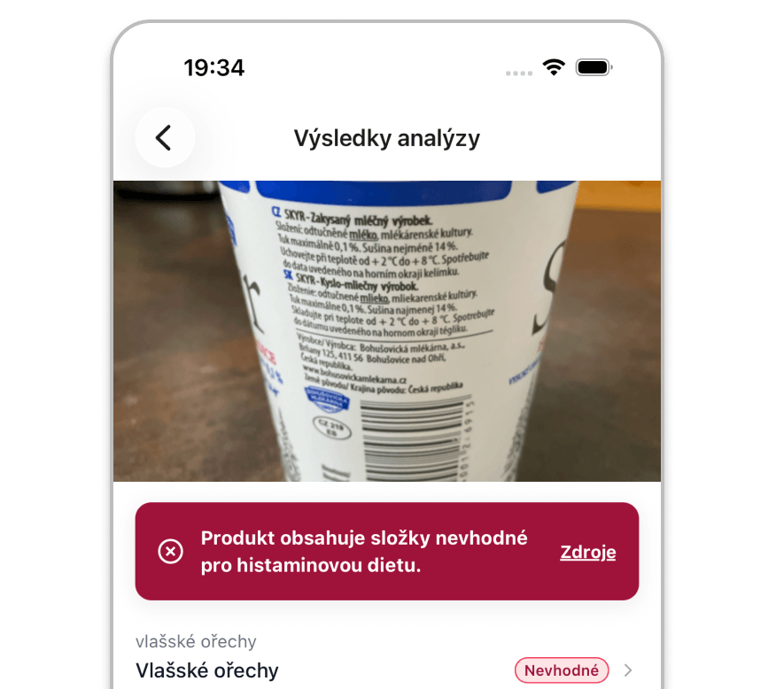 Ingredient analysis in the Histamin.io app