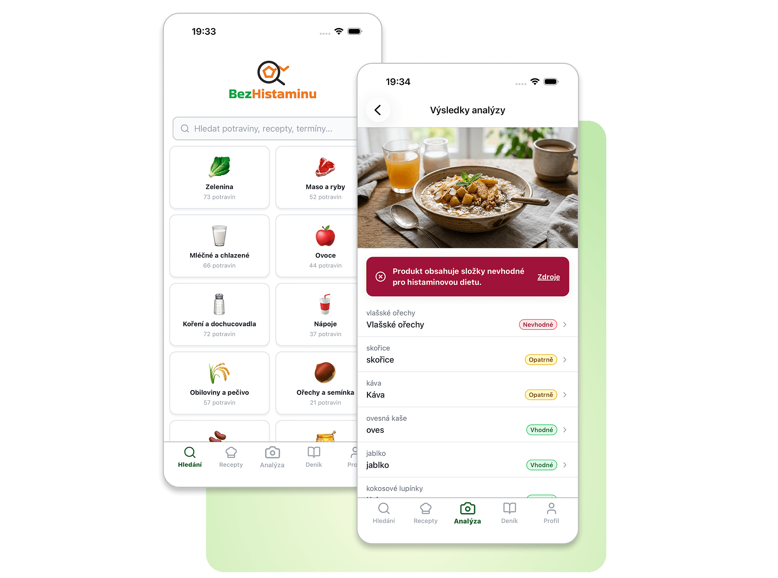 Preview screens of the Histamin.io mobile app