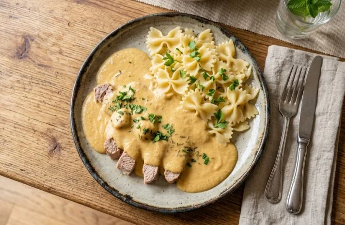 Creamy Root Vegetable Sauce with Meat and Pasta